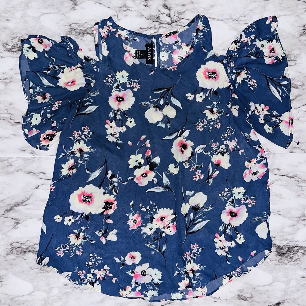 A. Byer Short Sleeve Elastic Cold Shoulder Floral Top Blue Women L Boho Cottage
